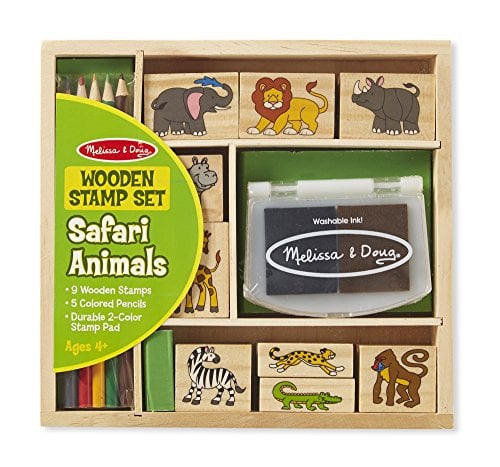 Book Cover Melissa & Doug Wooden Stamp Set: Safari Animals - 9 Stamps, 5 Colored Pencils, 2-Color Stamp Pad