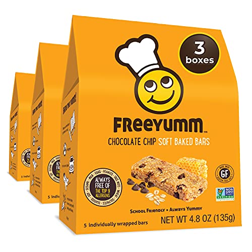 FreeYumm Chocolate Chip Soft Baked Bars - 15 Individually Wrapped Snacks Included - Gluten & Dairy Free - School Friendly - Produced in Dedicated Facility Free of All Major Allergens