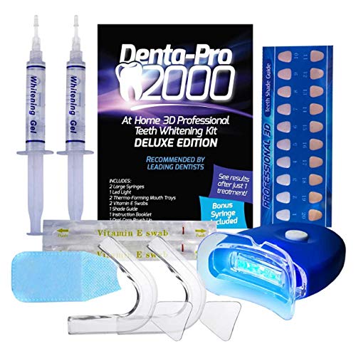 DentaPro 2000 3D Teeth Whitening Kit - Deluxe Addition Includes LED Light, (2) 5ml Gel Syringes, Custom Moldable Tray (2), Vitamin E Swab (2), Shade Guide - See Results After Just One Use!