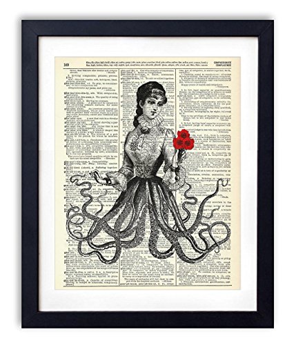 Book Cover Victorian Octopus Lady Upcycled Vintage Dictionary Art Print 8x10