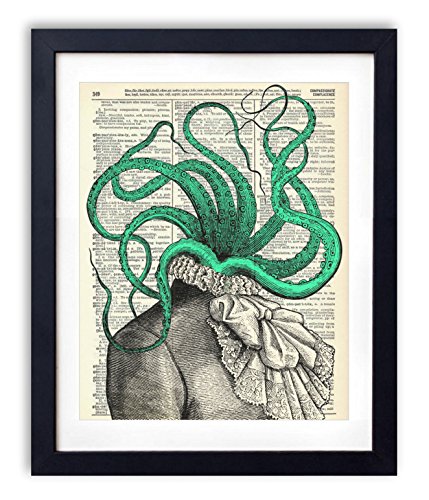 Victorian Octopus Woman Upcycled Vintage Dictionary Art Print 8x10