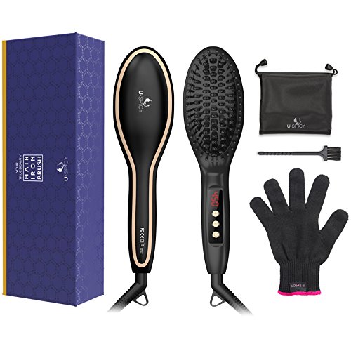USpicy Hair Straightening Brush Anti Frizz, Adjustable Temperature Hair Straightener Brush Portable, Hair Brush Straightener Auto Shut Off