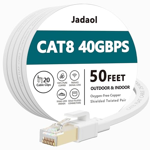 Jadaol Cat 8 Ethernet Cable 50 ft, 40Gbps 2000MHz Flat RJ45 S/FTP LAN Patch Cable, High-Speed Cat8 Network Cable for Router, Modem, Switch, Gaming Consoles, PC, Home Network & Streaming Devices, White