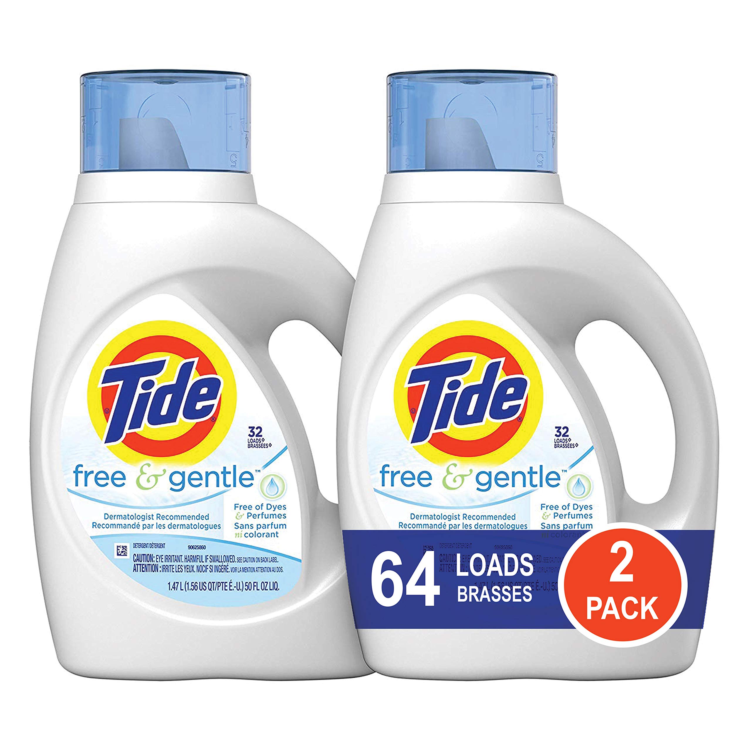 Book Cover Tide Free and Gentle HE Liquid Laundry Detergent, 2 Pack of 50 oz., Unscented and Hypoallergenic for Sensitive Skin, 64 Loads