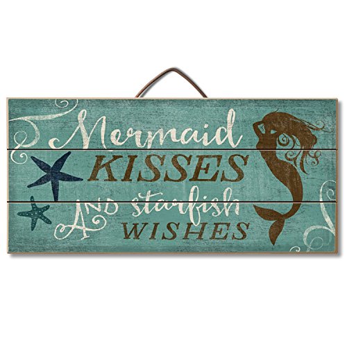 Highland Graphics Beach Decor Wood Sign Reads "Mermaid Kisses and Starfish Wishes" Table or Wall Decor