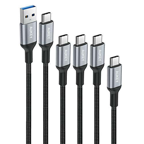 AUKEY USB C Cable to USB 3.0 A Braided [5 Pack] 3.3ft x 3, 6.6ft, 1ft USB Type C Cable Fast Charge for Samsung Galaxy S8 S8 Plus Note 8 Note 9, LG V30 V20 G6 G5, HTC U11/10