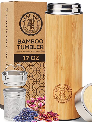 LeafLife Premium Bamboo Thermos with Tea Infuser & Strainer 17oz capacity - Keeps Hot & Cold for 12 Hrs - Vacuum Insulated Stainless Steel Travel Tea Tumbler Infuser Bottle for Loose Leaf Tea & Coffee