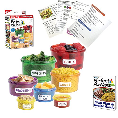 Perfect Portions 7-Piece Labelled Color Coded Dishwasher Microwave Safe Diet Portion Control Containers with Meal Planner and Recipe Guide Book