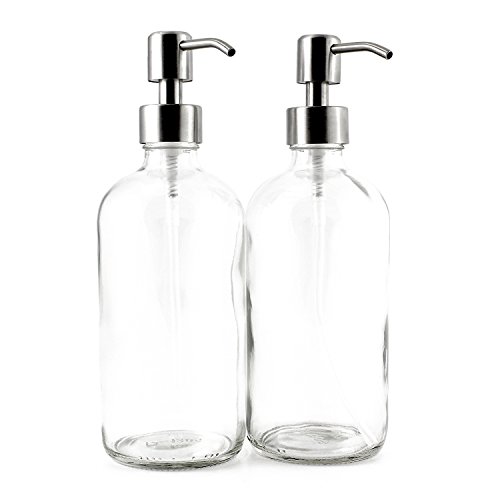 Book Cover Cornucopia 16-Ounce Clear Glass Boston Round Bottles w/Stainless Steel Pumps (2 Pack), Soap Dispenser Great for Essential Oils, Lotions, Liquid Soaps