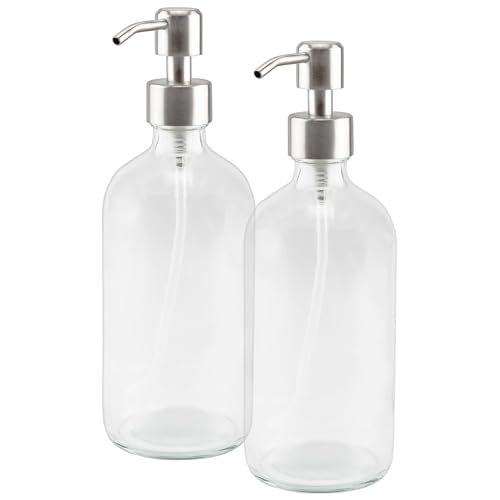 Cornucopia 16-Ounce Clear Glass Boston Round Bottles w/Stainless Steel Pumps (2 Pack), Soap Dispenser Great for Essential Oils, Lotions, Liquid Soaps
