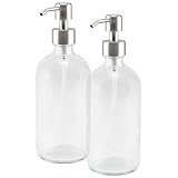 Cornucopia Brands 16-Ounce Clear Glass Bottles w/Stainless Steel Pumps (2 Pack), Soap Dispenser Great for Essential Oils, Lotions, Liquid Soaps