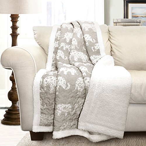 Lush Decor Elephant Parade Throw Fuzzy Reversible Sherpa Blanket, 60" x 50", Gray and White