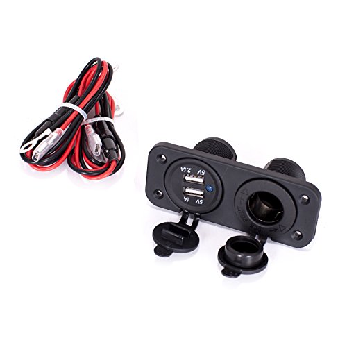 Ginsco Cigarette Lighter Socket Splitter 12V Dual USB 2A/1A Charger Power Adapter Outlet for Car Boat Marine Motorcycle Scooter RV DIY Kit (Black)