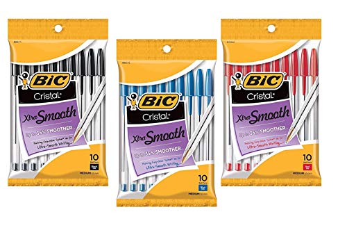 BIC Cristal Xtra Smooth Ball Pen Combo Set: Set Includes 10 Black, 10 Blue, and 10 Red.