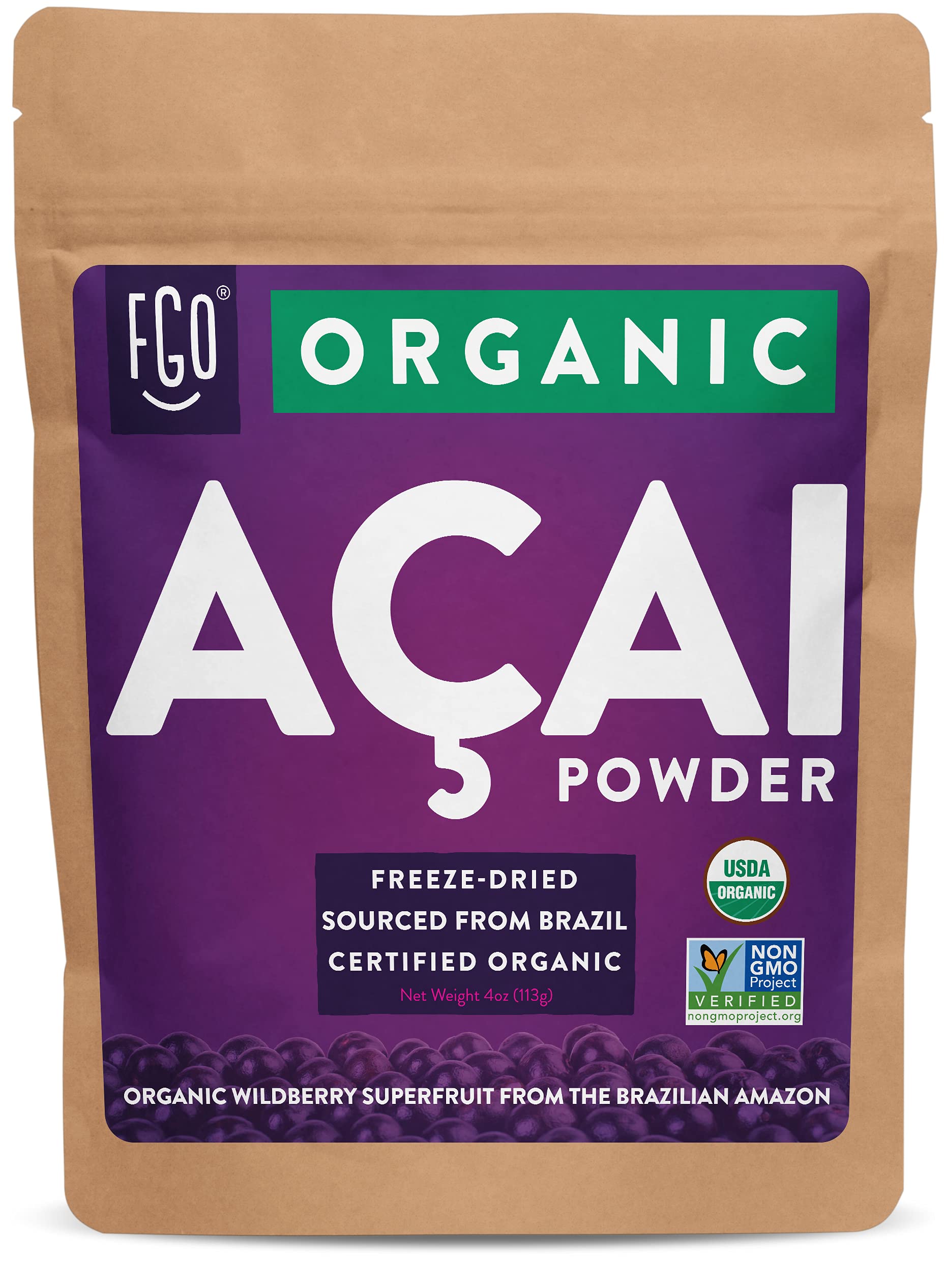 Book Cover Organic ACAI Powder (Freeze-Dried) | 4oz Resealable Kraft Bag | 100% Raw Superfood Berry From Brazil | by FGO 4 Ounce (Pack of 1)