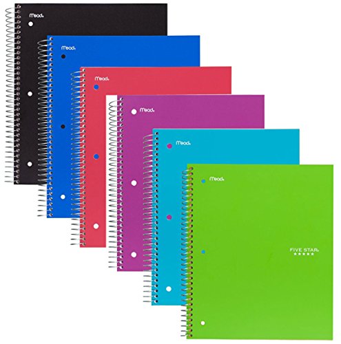 Five Star Spiral Notebook, 1 Subject, 100 College Ruled Sheets, Assorted Colors, 6 PACK