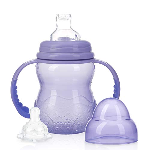Book Cover Nuby 3-Stage Wide Neck No Spill Bottle with Handles and Non-Drip Juice Spout, 3 Months, 8 Ounce, Purple