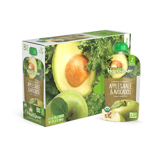 Happy Baby Organic Clearly Crafted Stage 2 Baby Food Apples, Kale & Avocados, 4 Ounce Pouch (Pack of 16)