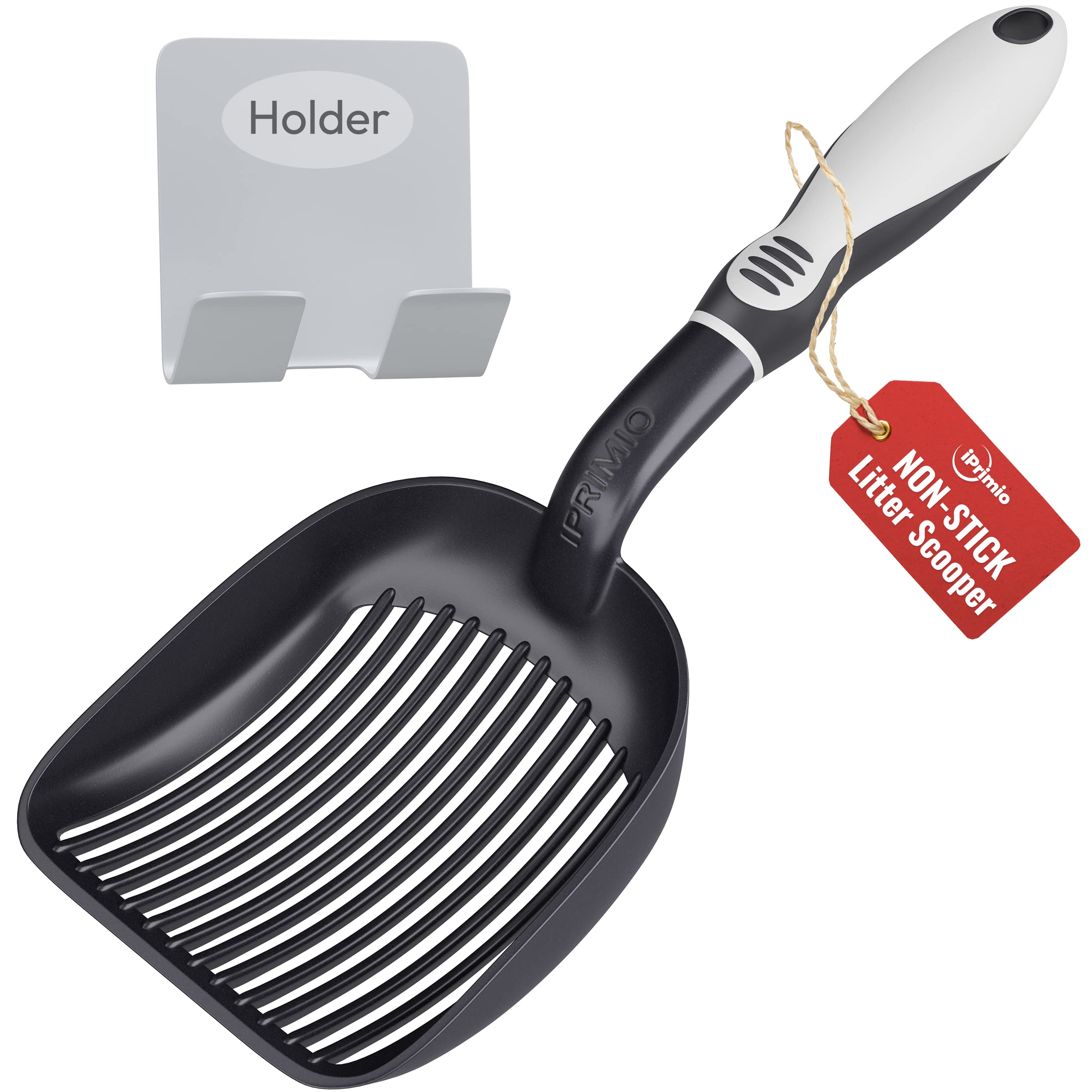 iPrimio Cat Litter Scoop Metal with Deep Shovel - (Black) - Non Stick Plated Aluminum Cat Litter Scooper for Litter Box - Designed by Cat Owners - Patented Sifter with Holder - Super Solid Handle Rubber Handle Metal Scoop - Rubber Handle (Black)