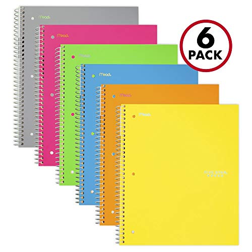 Book Cover Five Star Spiral Notebooks, 1 Subject, College Ruled Paper, 100 Sheets, 11 x 8-1/2 inches, Assorted Colors, 6 Pack (38057)