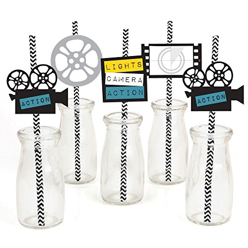 Movie Paper Straw Decor - Hollywood Party Striped Decorative Straws - Set of 24