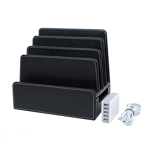 MobileVision Charging Station Slim Black Faux Leather Executive Multi Device Organizer for Smartphones Tablets & Laptops Includes Charging Strip Combo