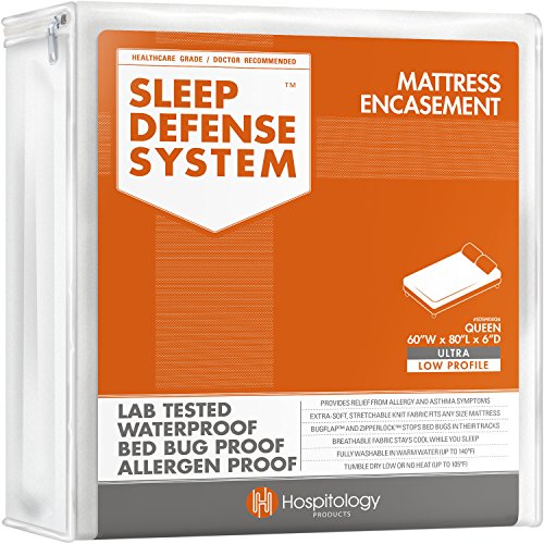 HOSPITOLOGY PRODUCTS Zippered Mattress Encasement - Sleep Defense System - Queen - Waterproof - Stretchable - Ultra Low Profile 6" Depth - 60" W x 80" L
