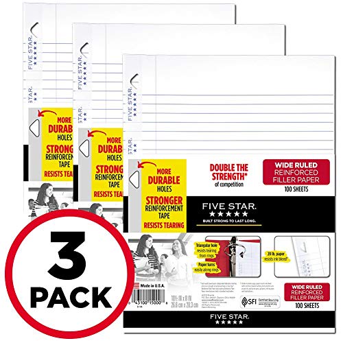 Book Cover Five Star Loose Leaf Paper, 3 Hole Punched, Reinforced Filler Paper, Wide Ruled, 10-1/2  x 8 inches, 100 Sheets/Pack, 3 Pack (38033)