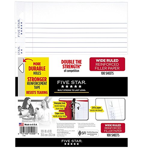 Book Cover Five Star Loose Leaf Paper, 3 Hole Punched, Reinforced Filler Paper, Wide Ruled, 10-1/2 x 8 inches, 100 Sheets/Pack, 1 Pack (15000)