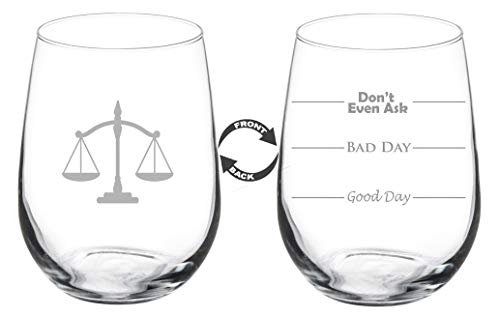 Book Cover MIP 17 oz Stemless Wine Glass Funny Two Sided Good Day Bad Day Don't Even Ask Scales of Justice Paralegal Law Lawyer Attorney