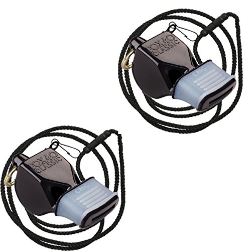 Fox 40 Classic Cushion Mouth Group Sports and Safety Loud Referee Coach Whistle with Lanyard, Black (2 Pack)