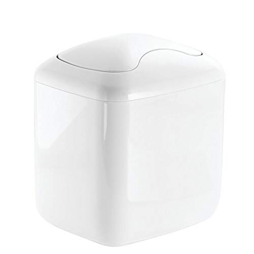 Book Cover mDesign Modern Plastic Square Mini Wastebasket Trash Can Dispenser with Swing Lid for Bathroom Vanity Countertop or Tabletop - Dispose of Cotton Rounds, Makeup Sponges, Tissues - White