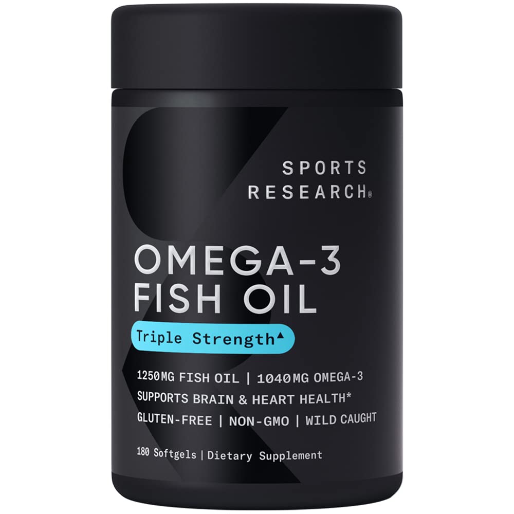 Book Cover Sports Research Triple Strength Omega 3 Fish Oil - Burpless Fish Oil Supplement w/EPA & DHA Fatty Acids from Wild Alaskan Pollock - Heart, Brain & Immune Support for Men & Women - 1250 mg, 180 ct 180.0 Servings (Pack of 1)