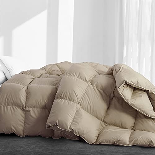 SNOWMAN All Seasons Goose Down Comforter Queen Size,Medium Warmth Fluffy Duvet Insert,100% Egyptian Cotton Shell Down Proof Fabric - 750 Fill Power (Queen,Khaki)