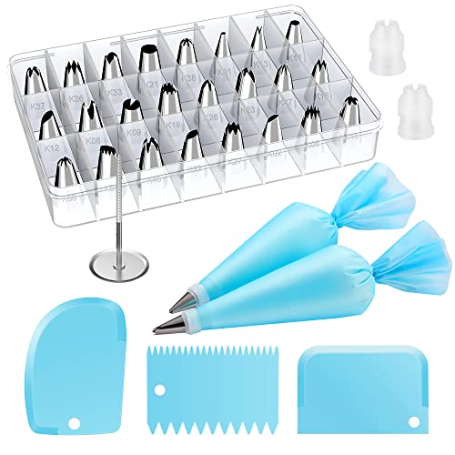 Book Cover Kootek 32-Piece Piping Bags and Tips Set with 24 Icing Piping Tips, 2 Reusable Pastry Bags 12 Inch, Reusable Piping Icing Bags and Tips, Cake Decorating Kit for Frosting Cookie, Cupcake