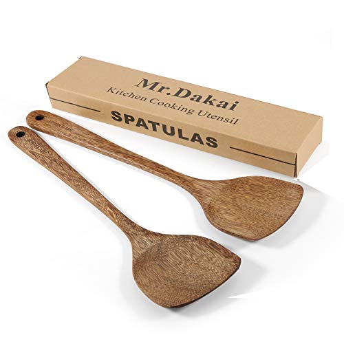 Wooden Spatula Set, Long Handle Flat Non Stick Kitchen Cookware for Cooking, 14" Stir Fry Wok Utensils