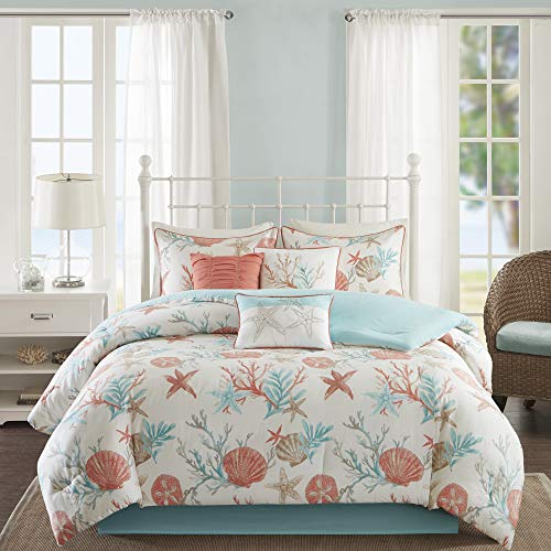 Book Cover Madison Park Cotton Comforter Set-Coastal Coral, Starfish Design All Season Down Alternative Cozy Bedding with Matching Shams, Decorative Pillow, Queen(90