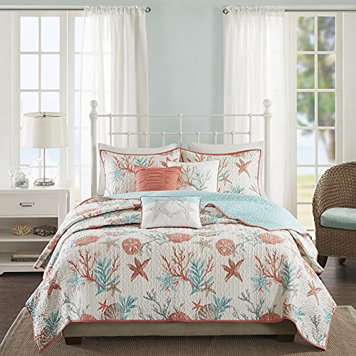 Madison Park Quilt Cottage Coastal Design - All Season, Breathable Coverlet Bedspread Lightweight Bedding Set, Matching Shams, Decorative Pillow, Pebble Beach, Coral King/Cal King(104"x94") 6 Piece