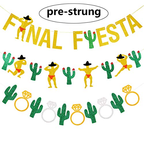 3PCS Gold Glittery Final Fiesta Banner, Glittery Cactus Man Garland, Glittery Cactus Bridal Ring Garland for Bachelorette Bridal Shower Mexican Fiesta Cabo Party Decorations