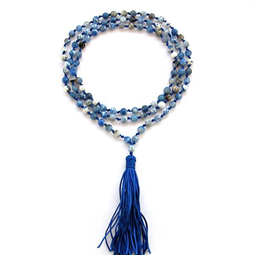 OVALBUY Hand Knotted Blue Heat Treated Agate 6mm 108 Beads Buddhist Prayer Japa Mala for Meditation