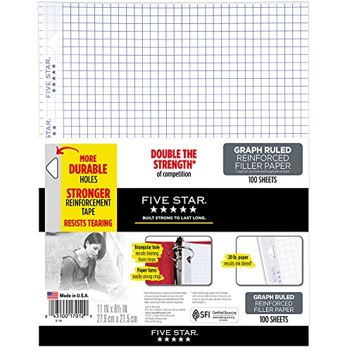 Book Cover Five Star Loose Leaf Paper, 3 Hole Punched, Reinforced Filler Paper, Graph Ruled, 11 x 8-1/2 inches, 100 Sheets/Pack, 1 Pack (17012)