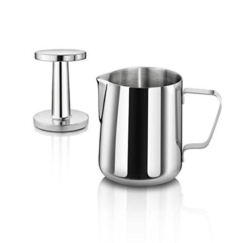 Book Cover New Star Foodservice 28829 Commercial Grade Stainless Steel 18/8 12 oz Frothing Pitcher and Die Cast Aluminum Tamper Combo Set, Silver