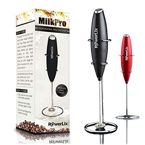 Book Cover PowerLix Milk Frother Handheld Battery Operated Electric Foam Maker For Coffee, Latte, Cappuccino, Hot Chocolate, Durable Drink Mixer With Stainless Steel Whisk, Stainless Steel Stand Include (Black)