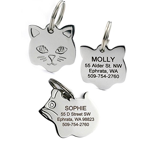 GoTags Stainless Steel Cat ID Tags, Available in Mouse and Cat Shapes, Includes up to 4 Lines of Custom Engraved Personalized Text, (Mouse)