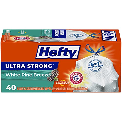 Book Cover Hefty Ultra Strong Tall Kitchen Trash Bags, White Pine Breeze Scent, 13 Gallon, 40 Count