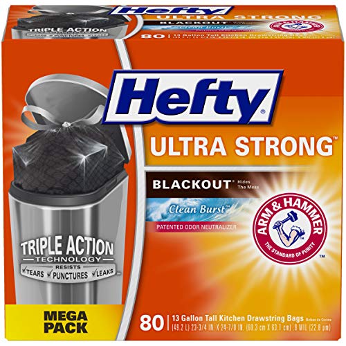 Book Cover Hefty Ultra Strong Tall Kitchen Trash Bags, Blackout, Clean Burst, 13 Gallon, 80 Count