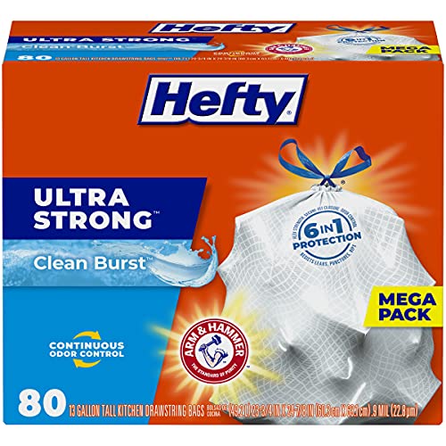 Book Cover Hefty Ultra Strong Tall Kitchen Trash Bags, Clean Burst Scent, 13 Gallon, 80 Count (Packaging May Vary)