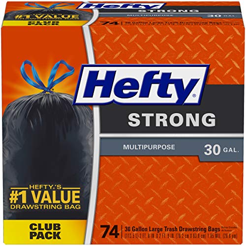 Book Cover Hefty Strong Multipurpose Large Drawstring Trash Bags, 30 Gallon, 74 count. Resists punctures and leaks. Tough and Durable, for inside and outside