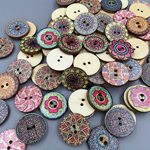 Lot de 100 boutons 2 trous en bois assortis motifs fleurs style rétro, par Bluelans®