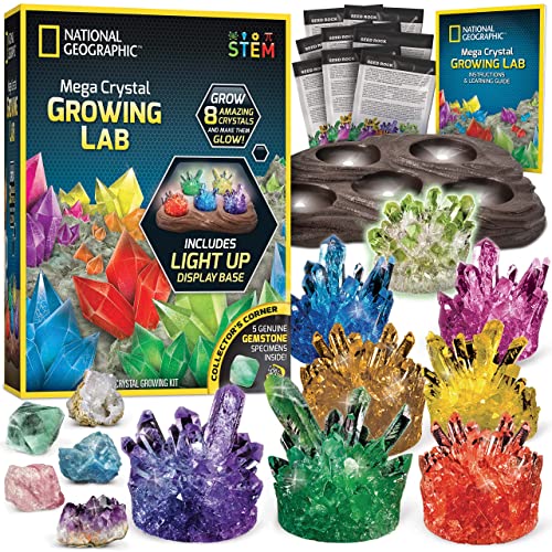 NATIONAL GEOGRAPHIC Mega Crystal Growing Lab – 8 Colors to Grow with Night Light Display Stand!